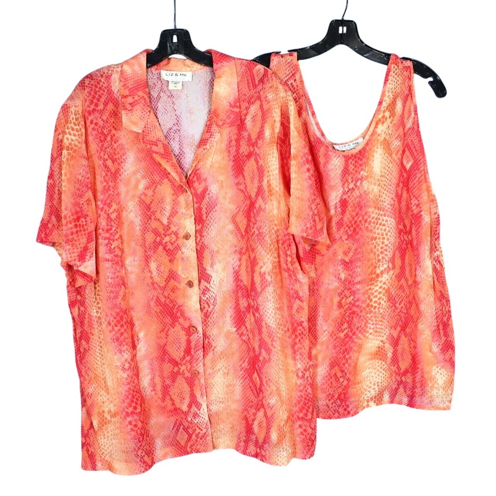 LIZ & ME Pink/Orange SNAKE PRINT Sheer CREPE CHIFFON Button 2-Pc. SHIRT/TANK 20